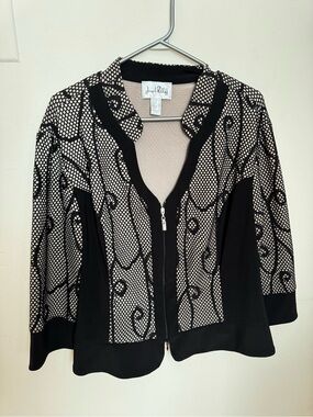 Joseph Ribkoff Black & Cream Patterned Zip-Front Soft Jacket